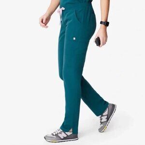 Figs Yola Scrub Pant XS Petite Caribbean Blue with Pink Tie